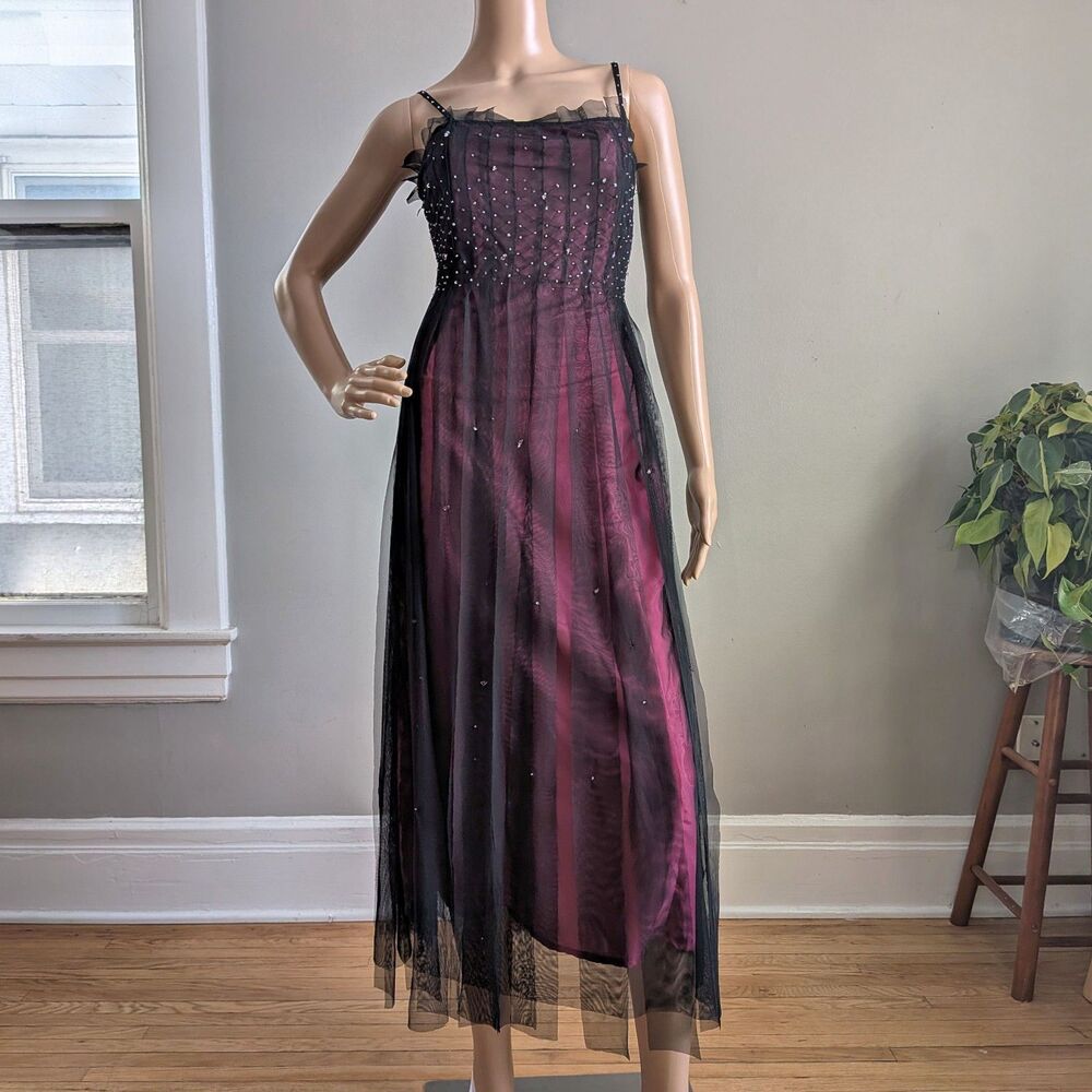 Vintage Y2K Charlotte Russe Black Midi Dress Sequin Beaded Gothic Fairycore M